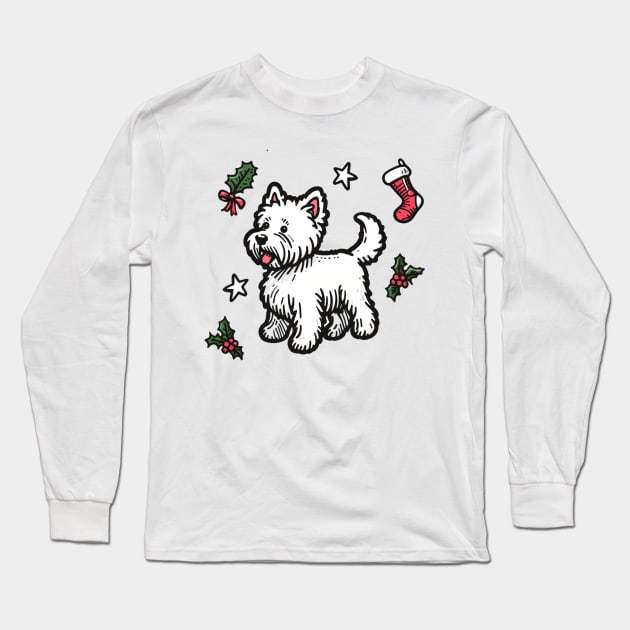 Westie Christmas Design - West Highland Terrier - Cartoon Dog Holiday Drawing Long Sleeve T-Shirt by Star Fragment Designs